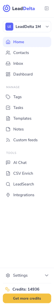 LeadDelta's new left sidebar showing Home, Contacts, Inbox and Dashboard up top, with Manage and Tools sections below and the workspace switcher and credits balance pinned to the edges"]